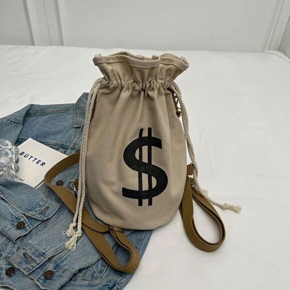 Bank Heist Money Bag Satchel Canvas Drawstring Backpack with Dollar Sign - Picture 4 of 5